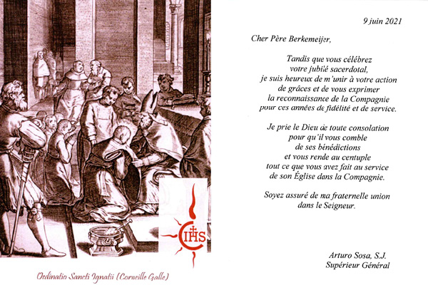 Carte du père général adressée au père Francis Berkemeijer pour ses 50 ans de sacerdoce
