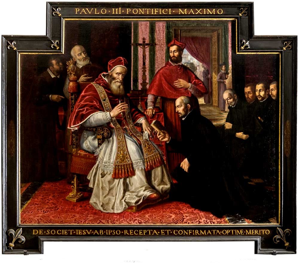 البابا يوحنا الثالث يقدّم إلى القدّيس إغناطيوس نصّ البراءة البابويّة "لخدمة الكنيسة المجاهدة" في ٢٧ أيلول ١٥٤٠. اللوحة موجودة في كنيسة "يسوع" في روما.